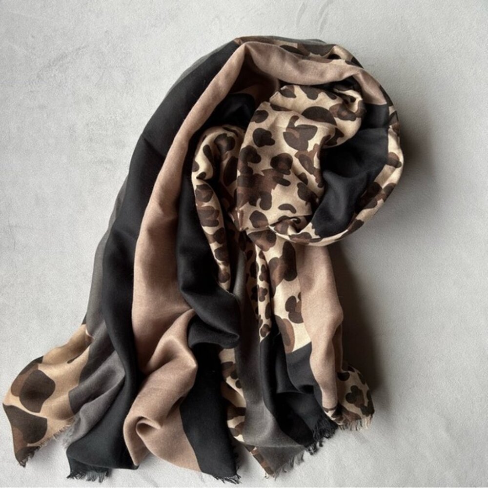 Animal Print Scarf ~ Brown Black Gray ~ Soft Fringe ~ Brand New - Picture 10 of 10
